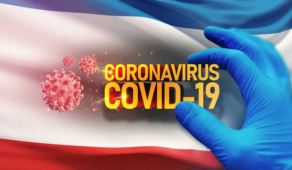 Coronavirus COVID-19 járványkitörés koncepció, egészséget veszélyeztető vírus, háttér lengő nemzeti zászló a Krím. Pandémiás stop Novel Coronavirus járvány covid-19 3D illusztráció. — Stock Fotó