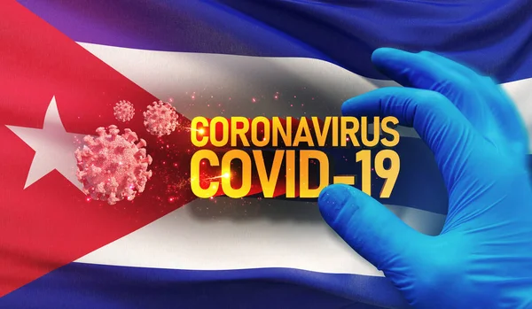 Coronavirus COVID-19 Ausbruchskonzept, gesundheitsgefährdendes Virus, Hintergrund schwenkende Nationalflagge Kubas. Pandemie stoppt neuartigen Coronavirus-Ausbruch covid-19 3D-Illustration. — Stockfoto