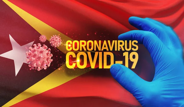 Coronavirus COVID-19 utbrott koncept, hälsohotande virus, bakgrund vinka nationell flagga i Östtimor. Pandemisk stopp Novel Coronavirus utbrott covid-19 3D illustration. — Stockfoto