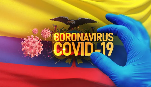Coronavirus COVID-19 έννοια έξαρσης, απειλητικός για την υγεία ιός, φόντο κυματίζει εθνική σημαία του Ισημερινού. Πανδημία stop Novel Coronavirus ξέσπασμα covid-19 3D εικονογράφηση. — Φωτογραφία Αρχείου