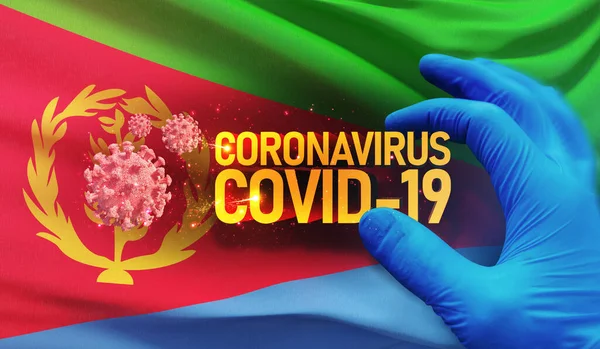 Coronavirus COVID-19 conceito de surto, vírus ameaçador à saúde, fundo acenando bandeira nacional da Eritreia. Parada pandêmica Romance Surto de coronavírus covid-19 ilustração 3D . — Fotografia de Stock