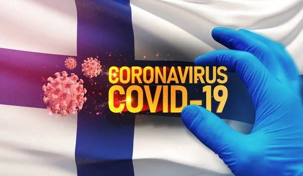 Coronavirus COVID-19 concepto de brote, virus que amenaza la salud, antecedentes ondeando la bandera nacional de Finlandia. Detención pandémica Nuevo brote de Coronavirus covid-19 Ilustración 3D . —  Fotos de Stock