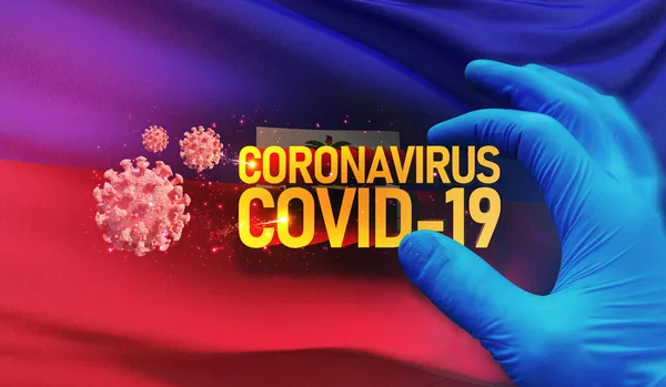 Coronavirus COVID-19 járványkitörés koncepció, egészséget veszélyeztető vírus, Haiti nemzeti zászlaját lobogtatva. Pandémiás stop Novel Coronavirus járvány covid-19 3D illusztráció. — Stock Fotó