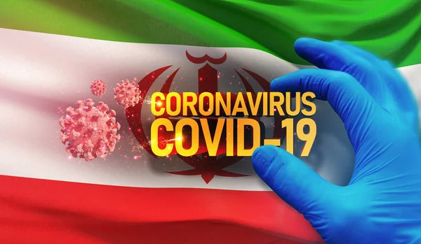 Concetto di epidemia di Coronavirus COVID-19, virus che minaccia la salute, sfondo sventola bandiera nazionale dell'Iran. Pandemia stop Novel Coronavirus focolaio covid-19 Illustrazione 3D . — Foto Stock