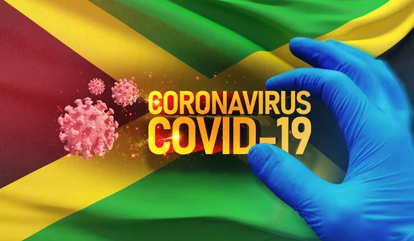 Coronavirus COVID-19 conceito de surto, vírus ameaçador à saúde, fundo acenando bandeira nacional da Jamaica. Parada pandêmica Romance Surto de coronavírus covid-19 ilustração 3D . — Fotografia de Stock