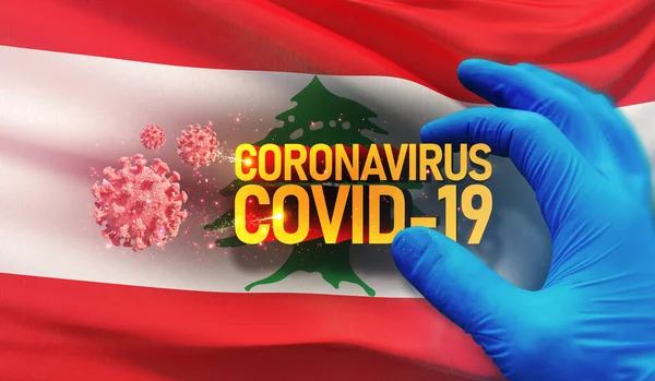 Coronavirus COVID-19 concepto de brote, virus que amenaza la salud, antecedentes ondeando la bandera nacional del Líbano. Detención pandémica Nuevo brote de Coronavirus covid-19 Ilustración 3D . —  Fotos de Stock