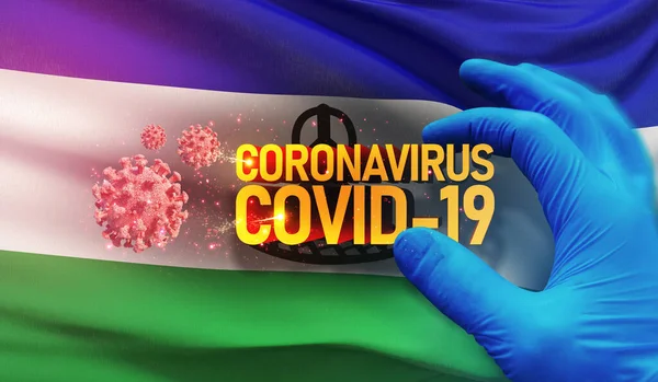 Coronavirus COVID-19 salgını, sağlığa zararlı virüs, Lesotho 'nun ulusal bayrağını sallayan arka plan. Salgın durdurma Romanları Coronavirüs salgını covid-19 3D illüstrasyon. — Stok fotoğraf