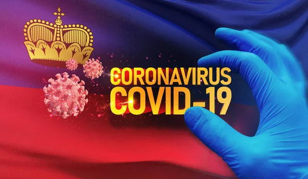 Coronavirus COVID-19 outbreak concept, health threatening virus, background waving national flag of Liechtenstein. Pandemic stop Novel Coronavirus outbreak covid-19 3D illustration. — Stock Photo, Image
