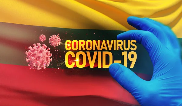 Coronavirus COVID-19 járványkitörés koncepció, egészséget veszélyeztető vírus, Litvánia nemzeti zászlaját lobogtató háttér. Pandémiás stop Novel Coronavirus járvány covid-19 3D illusztráció. — Stock Fotó