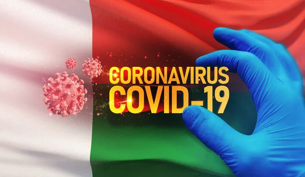 Coronavirus COVID-19 salgını, sağlığa zararlı virüs, Madagaskar 'ın bayrağını sallayan arka plan. Salgın durdurma Romanları Coronavirüs salgını covid-19 3D illüstrasyon. — Stok fotoğraf