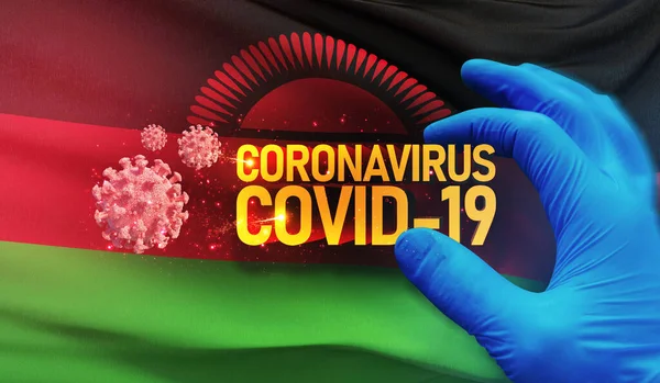 Coronavirus COVID-19 salgını, sağlığa zararlı virüs, Malavi 'nin ulusal bayrağını sallayan arka plan. Salgın durdurma Romanları Coronavirüs salgını covid-19 3D illüstrasyon. — Stok fotoğraf