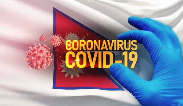 コロナウイルスCOVID-19流行の概念、健康を脅かすウイルス、背景はネパールの国旗を振って。パンデミック停止｜Novel Coronavirus発生covid-19 3Dイラスト. — ストック写真