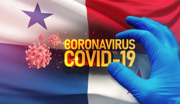 Coronavirus COVID-19 járványkitörés koncepció, egészséget veszélyeztető vírus, háttér lengő nemzeti zászló Panama. Pandémiás stop Novel Coronavirus járvány covid-19 3D illusztráció. — Stock Fotó