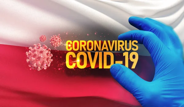 Coronavirus COVID-19 járványkitörés koncepció, egészséget veszélyeztető vírus, Lengyelország nemzeti zászlaját lobogtató háttér. Pandémiás stop Novel Coronavirus járvány covid-19 3D illusztráció. — Stock Fotó
