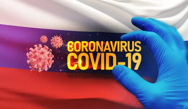 코로나 바이러스 COVID-19 발병 컨셉, 건강을 위협하는 바이러스, 러시아 국기를 흔들어 대는 배경. Pandemic stop Novel Coronavirus outbreak covid-19 3D illustration. — 스톡 사진