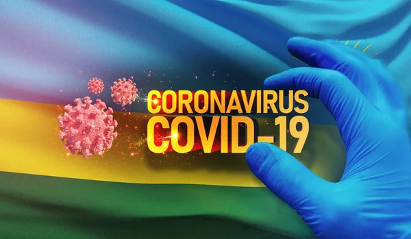 Coronavirus COVID-19 conceito de surto, vírus ameaçador à saúde, fundo acenando bandeira nacional de Ruanda. Parada pandêmica Romance Surto de coronavírus covid-19 ilustração 3D . — Fotografia de Stock