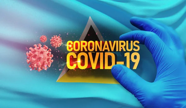 Coronavirus COVID-19 concetto focolaio, virus che minaccia la salute, sfondo sventola bandiera nazionale di Santa Lucia. Pandemia stop Novel Coronavirus focolaio covid-19 Illustrazione 3D . — Foto Stock