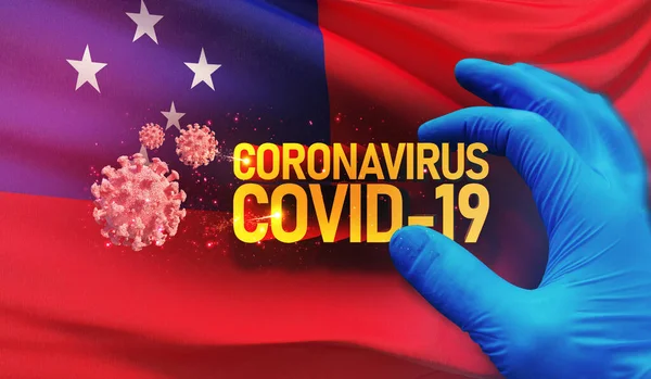 Coronavirus COVID-19 concepto de brote, virus amenazante para la salud, antecedentes ondeando bandera nacional de Samoa. Detención pandémica Nuevo brote de Coronavirus covid-19 Ilustración 3D . —  Fotos de Stock