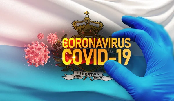 Coronavirus COVID-19 concept épidémique, virus menaçant la santé, arrière-plan agitant le drapeau national de Saint-Marin. Pandémie arrêter nouvelle épidémie de coronavirus covid-19 Illustration 3D . — Photo