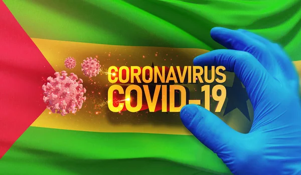 Coronavirus COVID-19 outbreak concept, health threatening virus, background waving national flag of Sao Tome and Principe. Pandemic stop Novel Coronavirus outbreak covid-19 3D illustration. — Stock Photo, Image