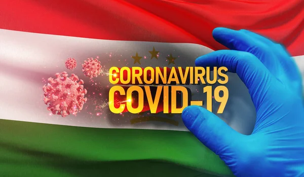 Coronavirus COVID-19 salgını, sağlığa zararlı virüs, Tacikistan 'ın ulusal bayrağını sallayan bir geçmiş. Salgın durdurma Romanları Coronavirüs salgını covid-19 3D illüstrasyon. — Stok fotoğraf