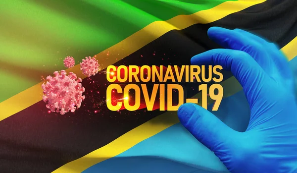 코로나 바이러스 COVID-19 발병 컨셉, 건강을 위협하는 바이러스, 탄자니아 국기를 흔들어 대는 배경. Pandemic stop Novel Coronavirus outbreak covid-19 3D illustration. — 스톡 사진