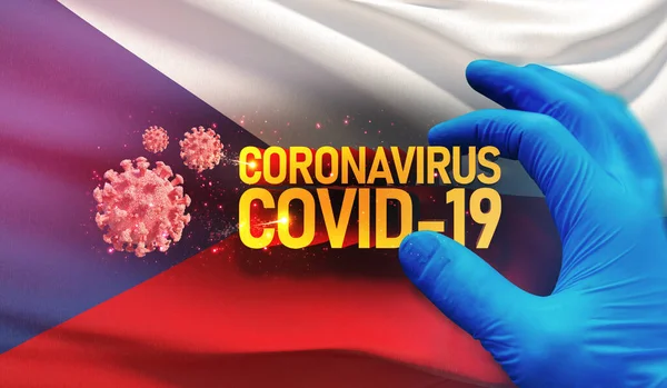 Coronavirus COVID-19 concepto de brote, virus que amenaza la salud, antecedentes ondeando la bandera nacional de República Checa. Detención pandémica Nuevo brote de Coronavirus covid-19 Ilustración 3D . —  Fotos de Stock