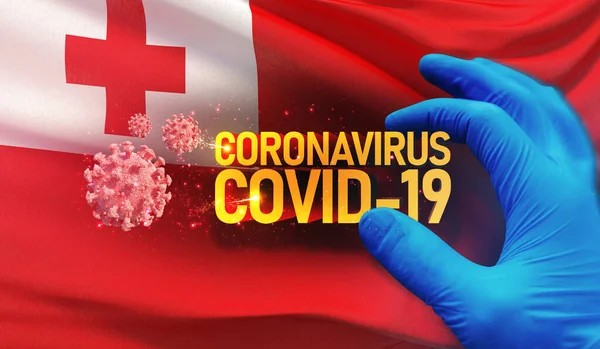 Coronavirus COVID-19 járványkitörés koncepció, egészséget veszélyeztető vírus, Tonga nemzeti zászlaját lobogtató háttér. Pandémiás stop Novel Coronavirus járvány covid-19 3D illusztráció. — Stock Fotó