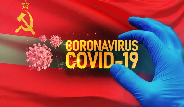 Coronavirus COVID-19 koncepce ohniska, zdraví ohrožující virus, pozadí mávající státní vlajkou Podněstří. Pandemické zastavení epidemie koronaviru Novel covid-19 3D ilustrace. — Stock fotografie