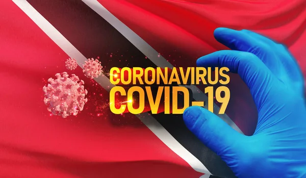 Coronavirus COVID-19 concetto focolaio, virus che minaccia la salute, sfondo sventola bandiera nazionale di Trinidad e Tobago. Pandemia stop Novel Coronavirus focolaio covid-19 Illustrazione 3D . — Foto Stock