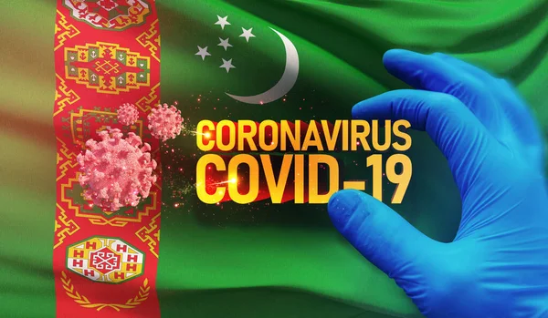 Coronavirus COVID-19 outbreak concept, health threatening virus, background waving national flag of Turkmenistan. Pandemic stop Novel Coronavirus outbreak covid-19 3D illustration. — Stock Photo, Image
