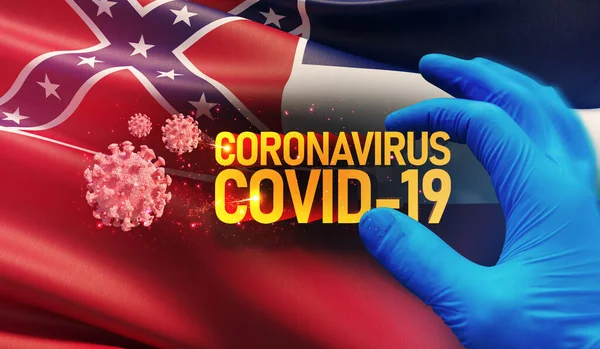 Concepto de brote de Coronavirus COVID-19, antecedentes con banderas de los Estados Unidos. Bandera del Estado de Mississippi. Detención pandémica Nuevo brote de Coronavirus covid-19 Ilustración 3D . —  Fotos de Stock