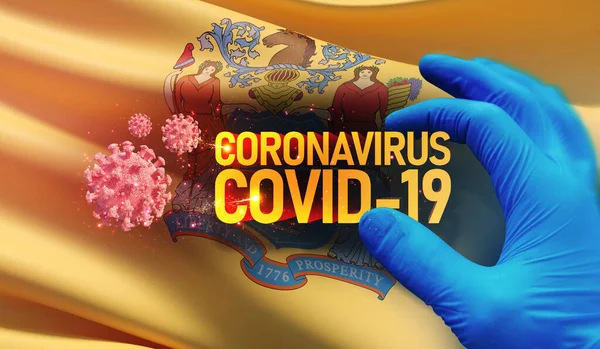 Coronavirus COVID-19 utbrott koncept, bakgrund med flaggor i USA. Delstaten New Jerseys flagga. Pandemisk stopp Novel Coronavirus utbrott covid-19 3D illustration. — Stockfoto