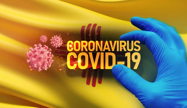 Coronavirus COVID-19 conceito de surto, fundo com bandeiras dos estados dos EUA. Bandeira do Estado do Novo México. Parada pandêmica Romance Surto de coronavírus covid-19 ilustração 3D . — Fotografia de Stock