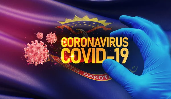 Coronavirus COVID-19 utbrott koncept, bakgrund med flaggor i USA. Delstaten North Dakota flagga. Pandemisk stopp Novel Coronavirus utbrott covid-19 3D illustration. — Stockfoto