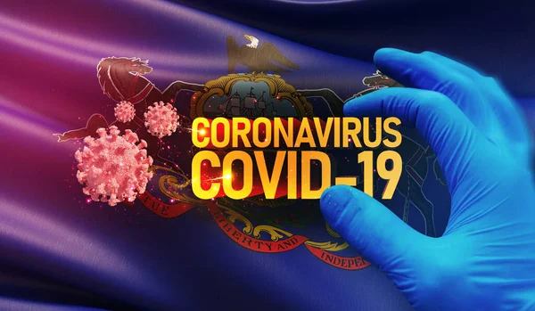 Coronavirus COVID-19 járványkitörés koncepció, háttér zászlók az USA-ban. Pennsylvania állam zászlaja. Pandémiás stop Novel Coronavirus járvány covid-19 3D illusztráció. — Stock Fotó