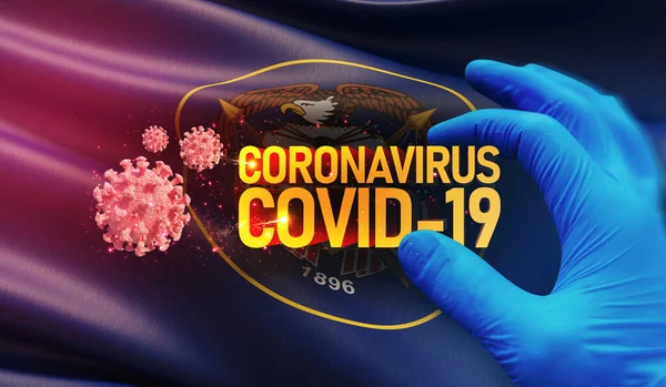Coronavirus COVID-19爆发概念，背景是美国各州的国旗。犹他州的国旗。大流行病停止新科罗纳维病毒爆发covid-19 3D插图. — 图库照片