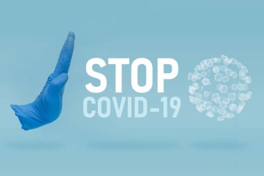 COVID-19 görsel konsept - virüs enfeksiyonuna el hareketini durdurun. Dur levhasını elle tut. Coronavirus salgını 3 boyutlu illüstrasyon.