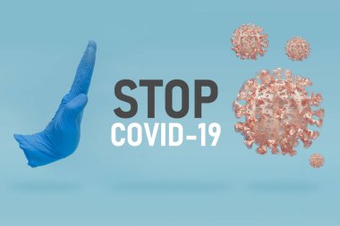 COVID-19 görsel konsept - virüs enfeksiyonuna el hareketini durdurun. Dur levhasını elle tut. Coronavirus salgını 3 boyutlu illüstrasyon.