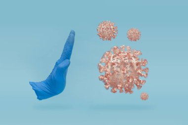 COVID-19 görsel konsept - virüs enfeksiyonuna el hareketini durdurun. Dur levhasını elle tut. Coronavirus salgını 3 boyutlu illüstrasyon.
