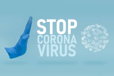 COVID-19 görsel konsept - virüs enfeksiyonuna el hareketini durdurun. Dur levhasını elle tut. Coronavirus salgını 3 boyutlu illüstrasyon.