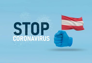 COVID-19 Görsel konsept - Coronavirüs 'ü durdurun, el hareketi ile virüs enfeksiyonunu durdurun, Avusturya bayrağını sıkın. Salgın 3 boyutlu illüstrasyon.