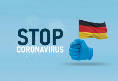 COVID-19 Görsel konsept - Coronavirüs 'ü durdurun, el hareketi virüsüne karşı virüs enfeksiyonu, Almanya bayrağını sıkın. Salgın 3 boyutlu illüstrasyon.