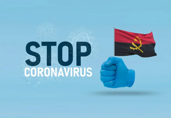 COVID-19 Visual concept - hand-text Stop Coronavirus, hand-gesture versus virus infection, clenched fist holds flag of Angola. Pandemic 3D illustration. — Stock Photo, Image