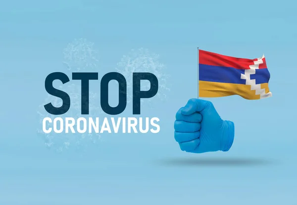 COVID-19 Visual concept - letters STOP CORONAVIRUS, hand-gesture versus virus infection, clenched fist holds flag of Artsakh. Pandemic 3D illustration. — Stock Photo, Image