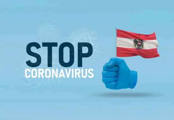 COVID-19 Visual concept - hand-text Stop Coronavirus, hand-gesture versus virus infection, clenched fist holds flag of Austria state. Pandemic 3D illustration. — Stock Photo, Image
