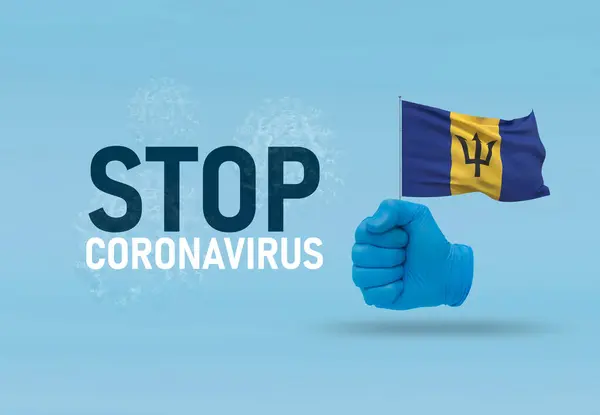 COVID-19 Visual concept - hand-text Stop Coronavirus, hand-gesture versus virus infection, clenched fist holds flag of Barbados. Pandemic 3D illustration. — Stock Photo, Image