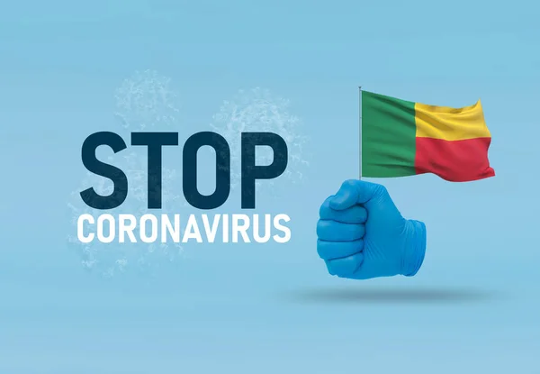 COVID-19 Visual concept - hand-text Stop Coronavirus, hand-gesture versus virus infection, clenched fist holds flag of Benin. Pandemic 3D illustration. — Stock Photo, Image