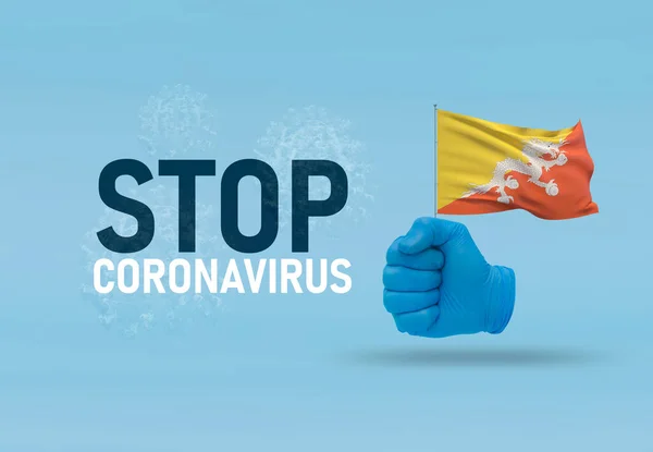 COVID-19 Visual concept - hand-text Stop Coronavirus, hand-gesture versus virus infection, clenched fist holds flag of Bhutan. Pandemic 3D illustration. — Stock Photo, Image