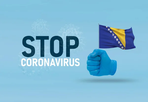 COVID-19 Visual concept - hand-text Stop Coronavirus, hand-gesture versus virus infection, clenched fist holds flag of Bosnia and Hercegovina. Pandemic 3D illustration. — Stock Photo, Image